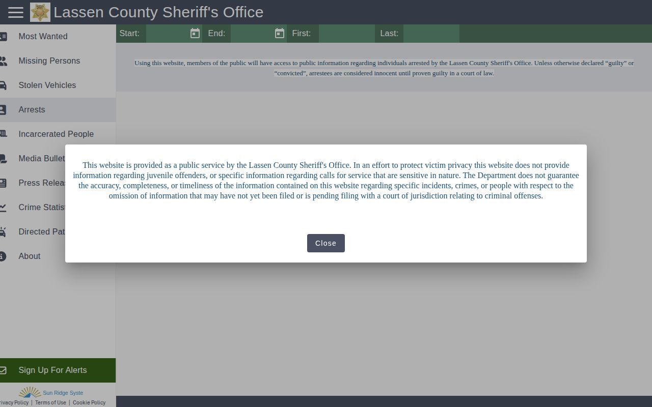 Lassen County Citizen RIMS multi-day arrest reports search