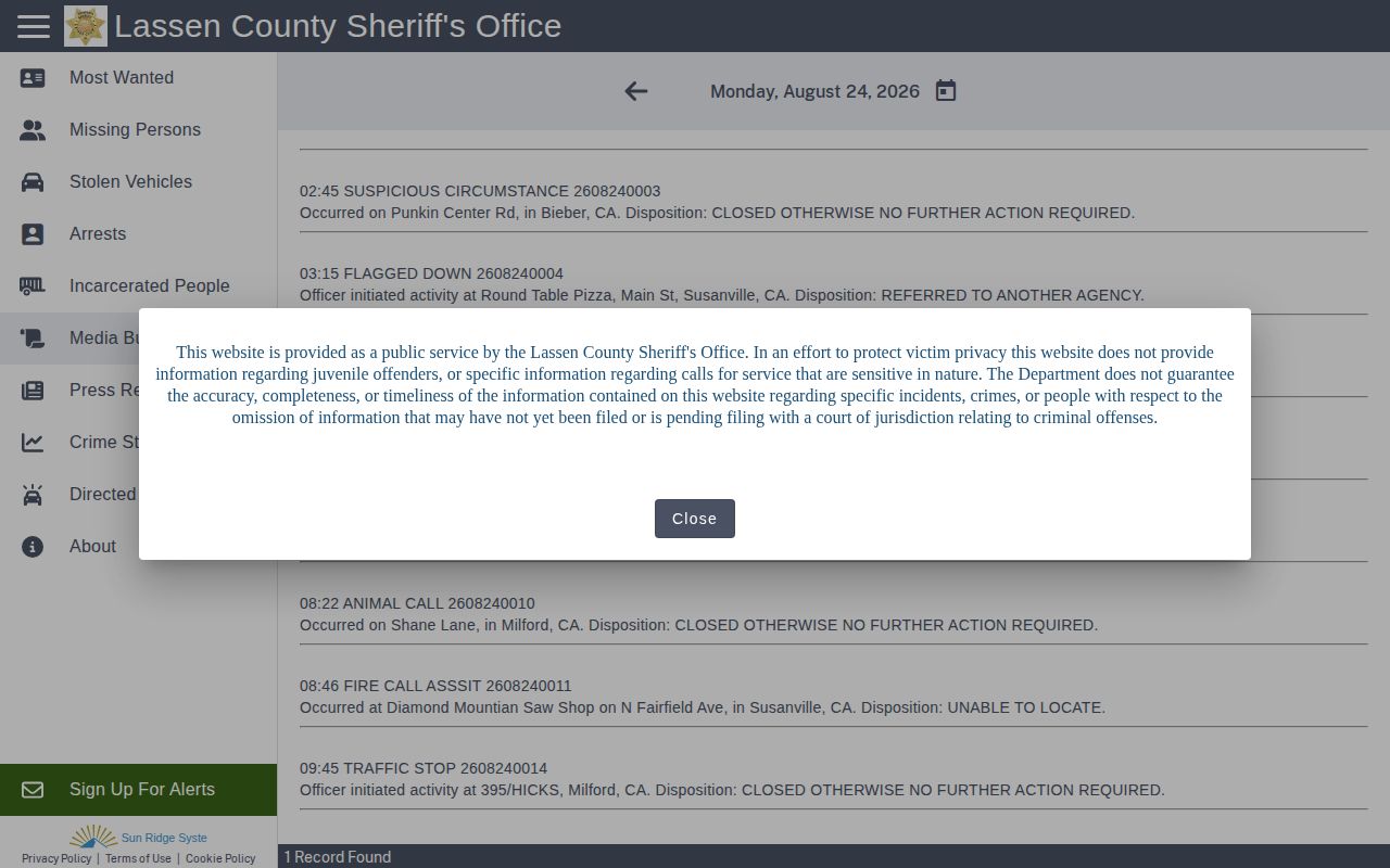 Lassen County Sheriff RIMS arrest and incident bulletins