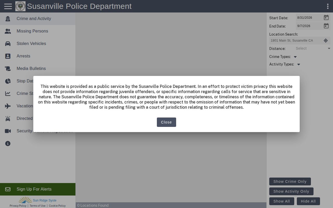Susanville Police Crime Graphics public arrest portal