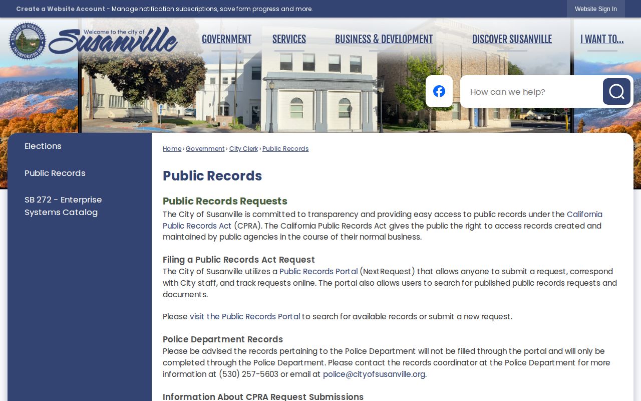 City of Susanville public records page explaining police records requests